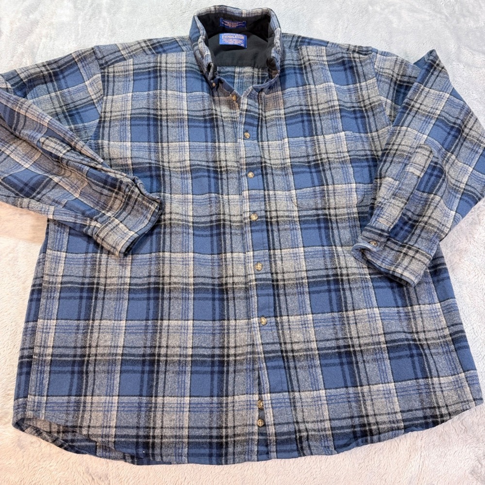 Pendleton 100% Virgin Wool Plaid Flannel Shirt Blue Gray Men's XL READ
